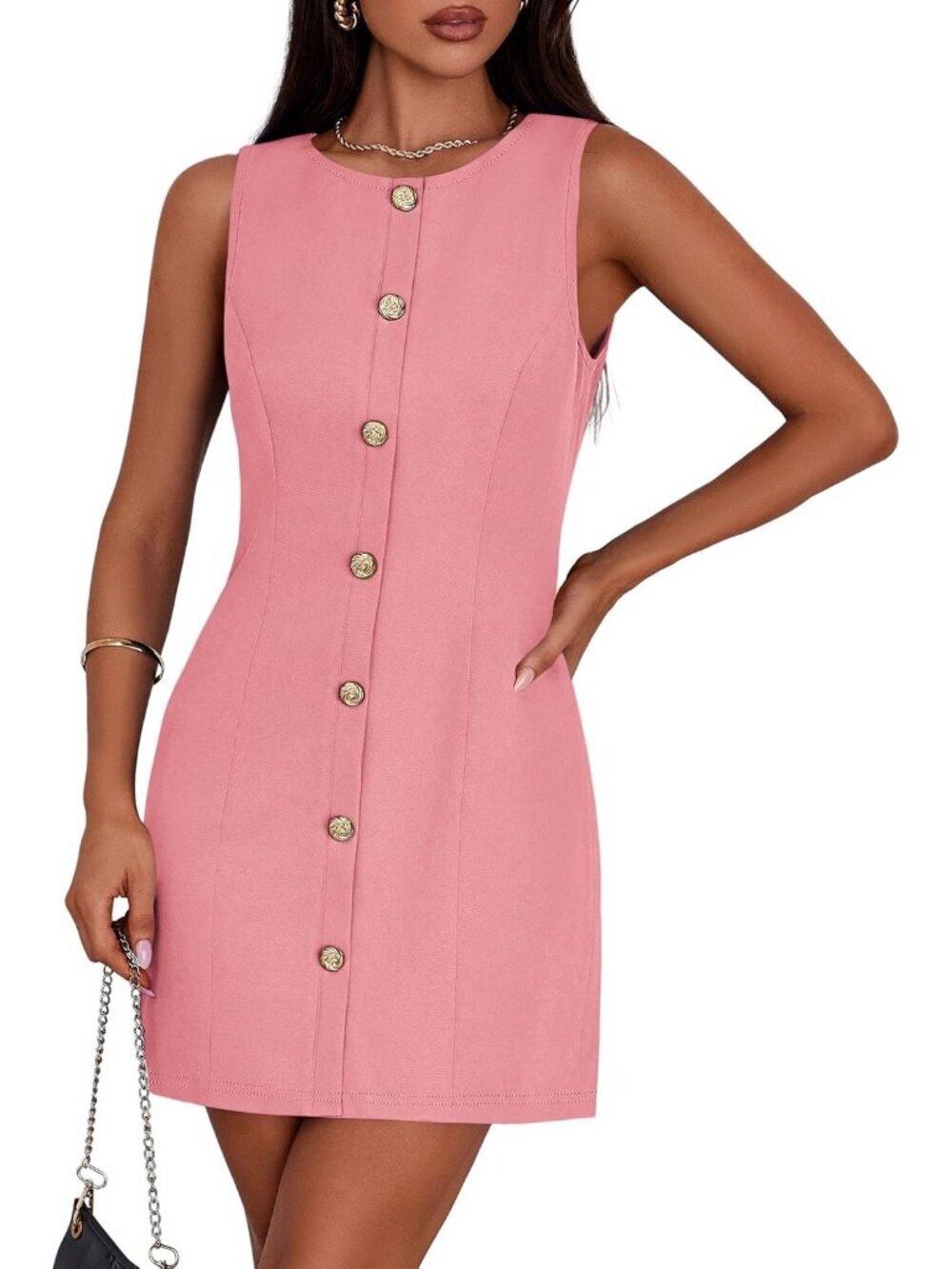 Pretty Garden Women's Peach Pink Sleeveless Button Down Elegant Mini Dress